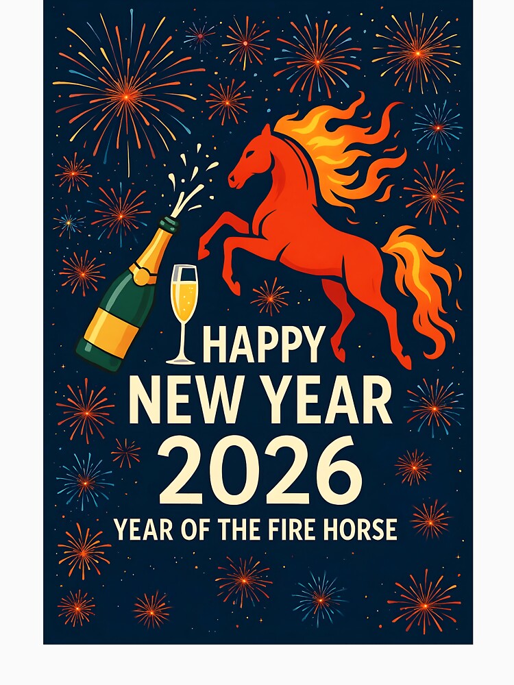 Happy New Year 2026 – Champagne Fireworks & Red Fire Horse on Dark Blue by EmeraldeaDesign