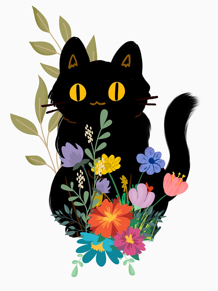 Black cat with flowers by Pattern King