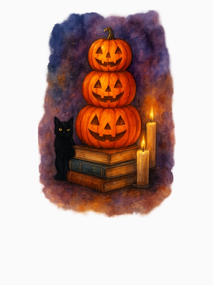 Spells & Stories | Watercolor Cat, Pumpkins and Books by thatgirlrenee91
