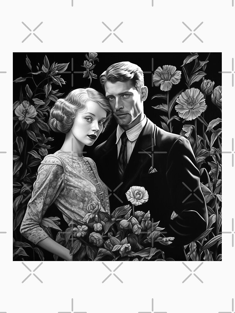Vintage Gothic Couple Portrait with Floral Black and White Art by inkoutninja