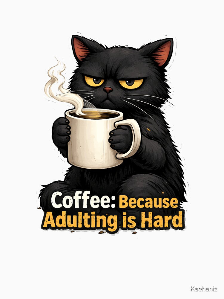 Grumpy Black Cat Coffee Because Adulting Is Hard Funny Cat Design “ t-shirts, sweatshirts, stickers, and gifts” by Kaehaniz