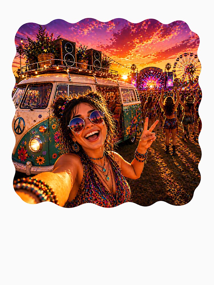 Festival Van Selfie – Sunset Music Party Hippie Camper Neon Art by Digital Culture Studio