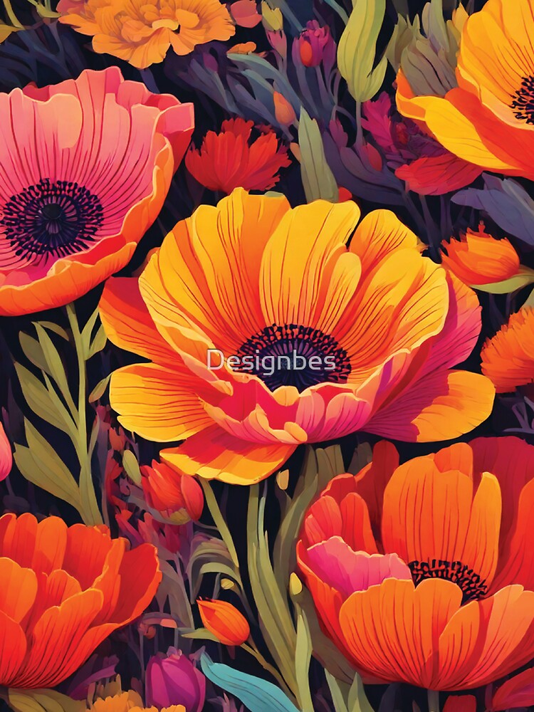 poppy and tulip floral pattern in warm sunset gradients by Designbes