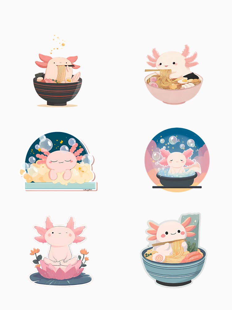 Kawaii Axolotl Sticker Pack – Set of 6 Relaxing & Ramen-Loving Water Creatures by Kawaii Drops