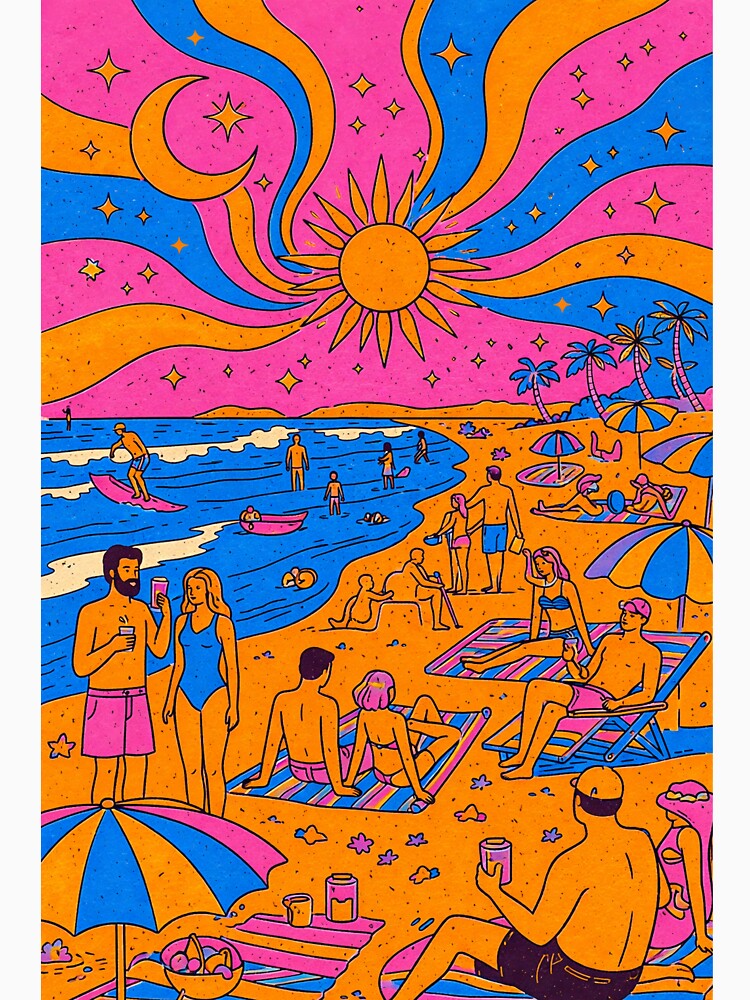 Busy Psychedelic Beach Scene – Retro Summer Crowd Illustration by DrizzyV