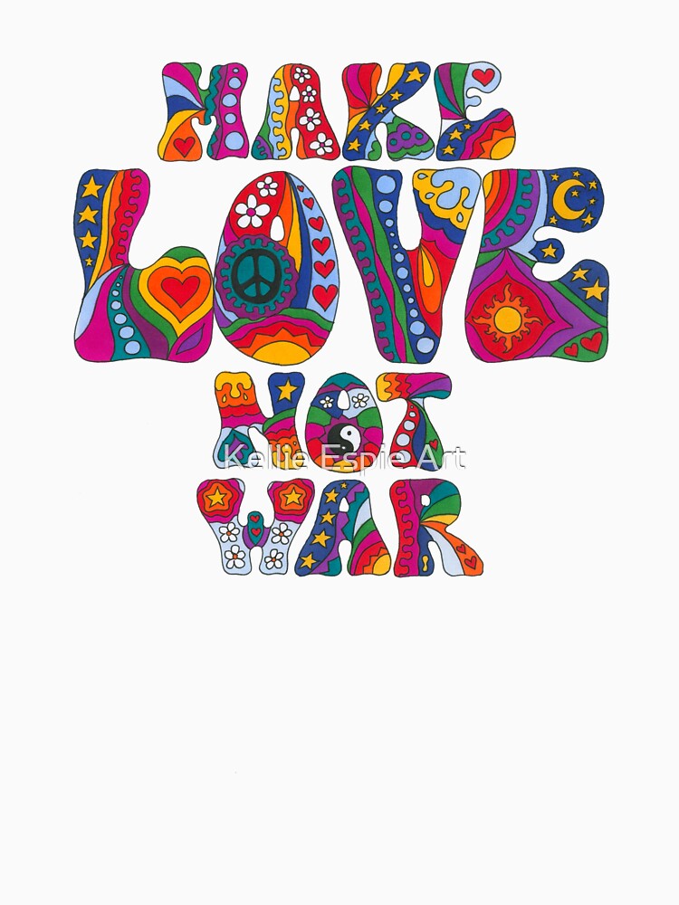 Psychedelic Love Not War Art White– Retro Hippie Rainbow Groovy Peace Design by Kellie Espie Art