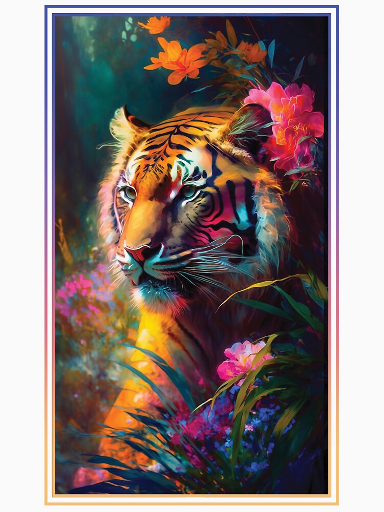 Tiger Vibrant Tropical Flower Tall Digital Oil Painting Portrait by arthouseflunky