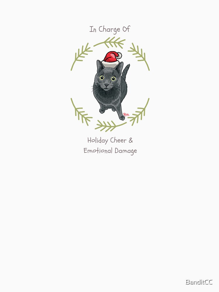 Funny Christmas Cat Tee: Santa’s little chaos coordinator Russian Blue Kevin by BanditCC