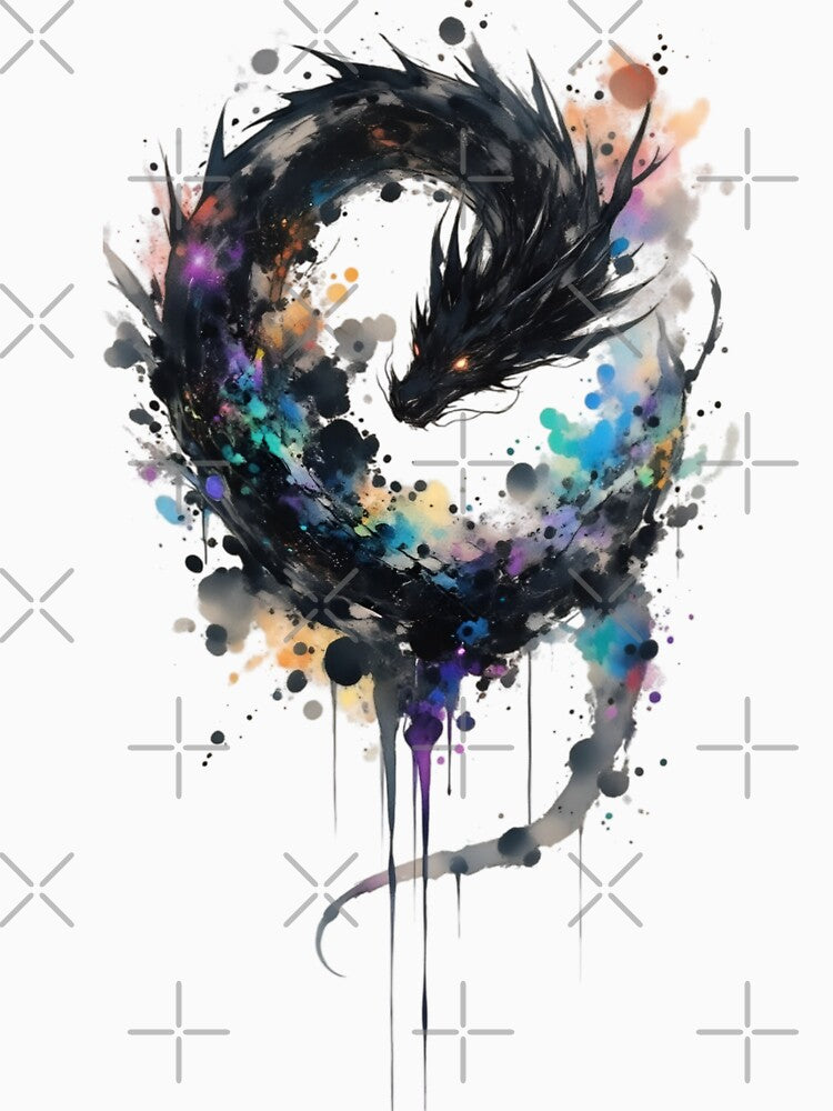 Cosmic Shadow Dragon Watercolor Art | Celestial Fantasy Dragon Spiral Design by Dyan4