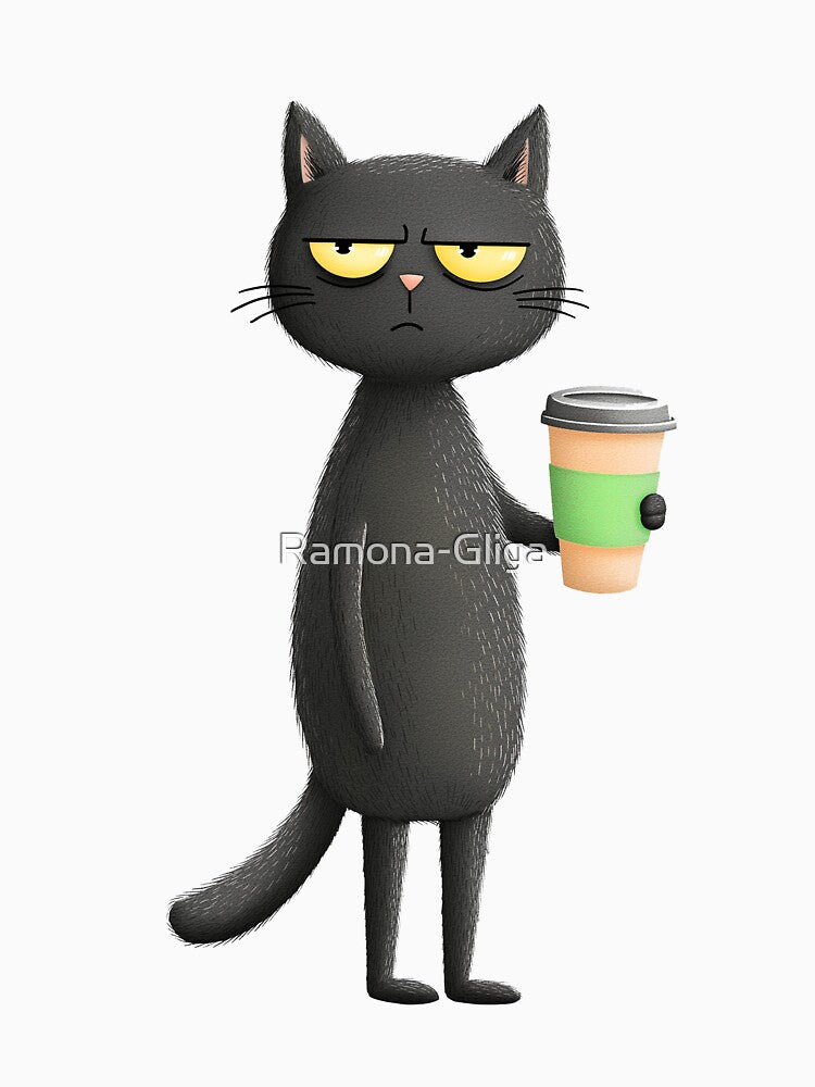 Grumpy Black Cat with Coffee by Ramona-Gliga