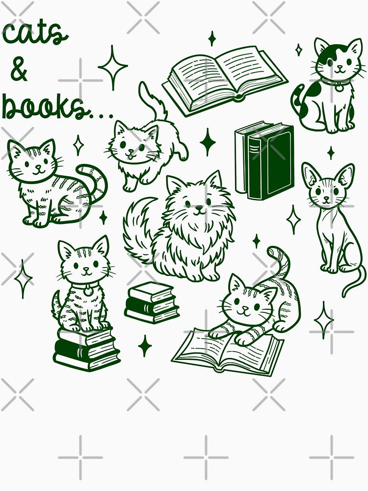 Cute Cats and Books Doodle Illustration for Book Lovers in Green by WildLakePatterns