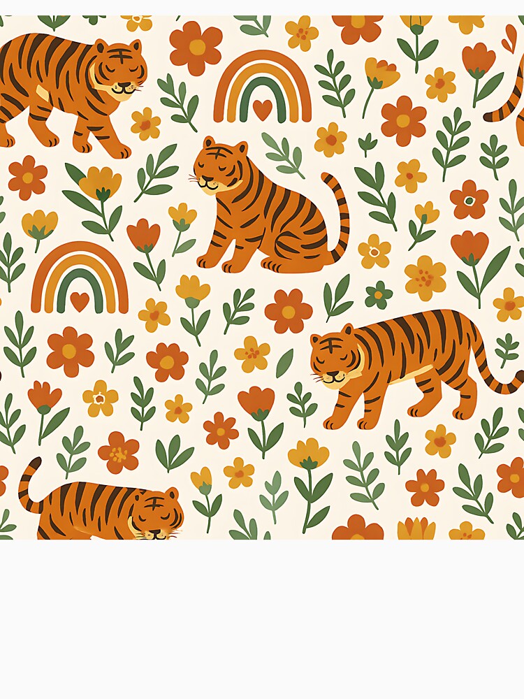 Tiger Love – Cute Tigers, Rainbows & Flowers | Folk Art Seamless Pattern by BloomOfDesign