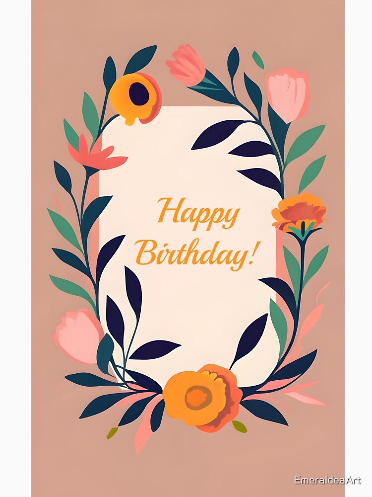 Wish Happy Birthday with a beige neutral elegant floral framed message by EmeraldeaArt