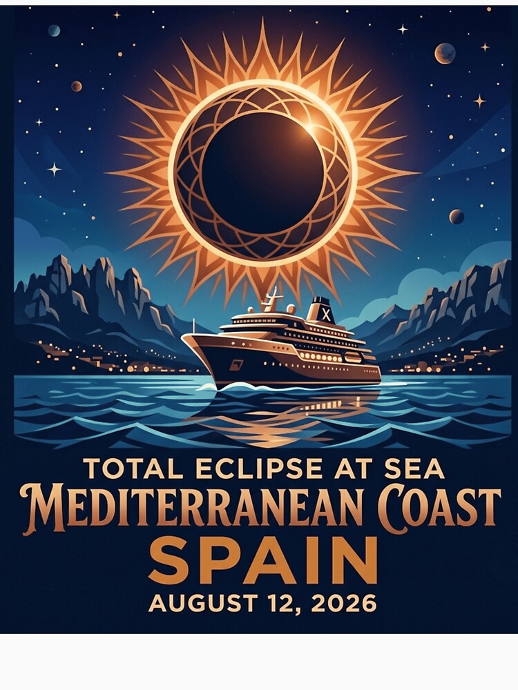 Total Eclipse at Sea Mediterranean Coast Spain August 12 2026 Vintage Cruise Tee by DreamDesigner01