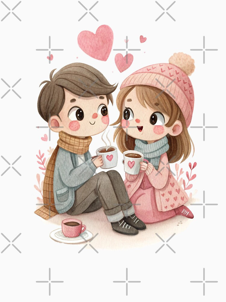 Romantic Winter Coffee Couple Cute Kawaii Love Artwork by Lulunza