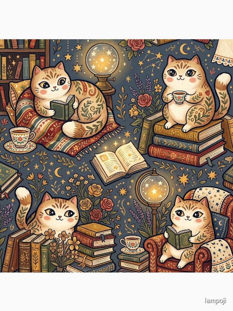 Cozy Fantasy Library Cats for Book Lovers by Iampoji