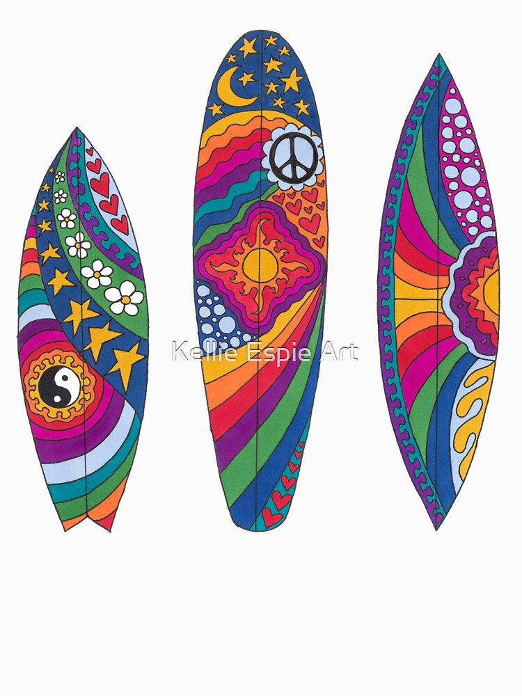 Psychedelic Surfboards Art White– Retro Hippie Rainbow Groovy Peace Design by Kellie Espie Art