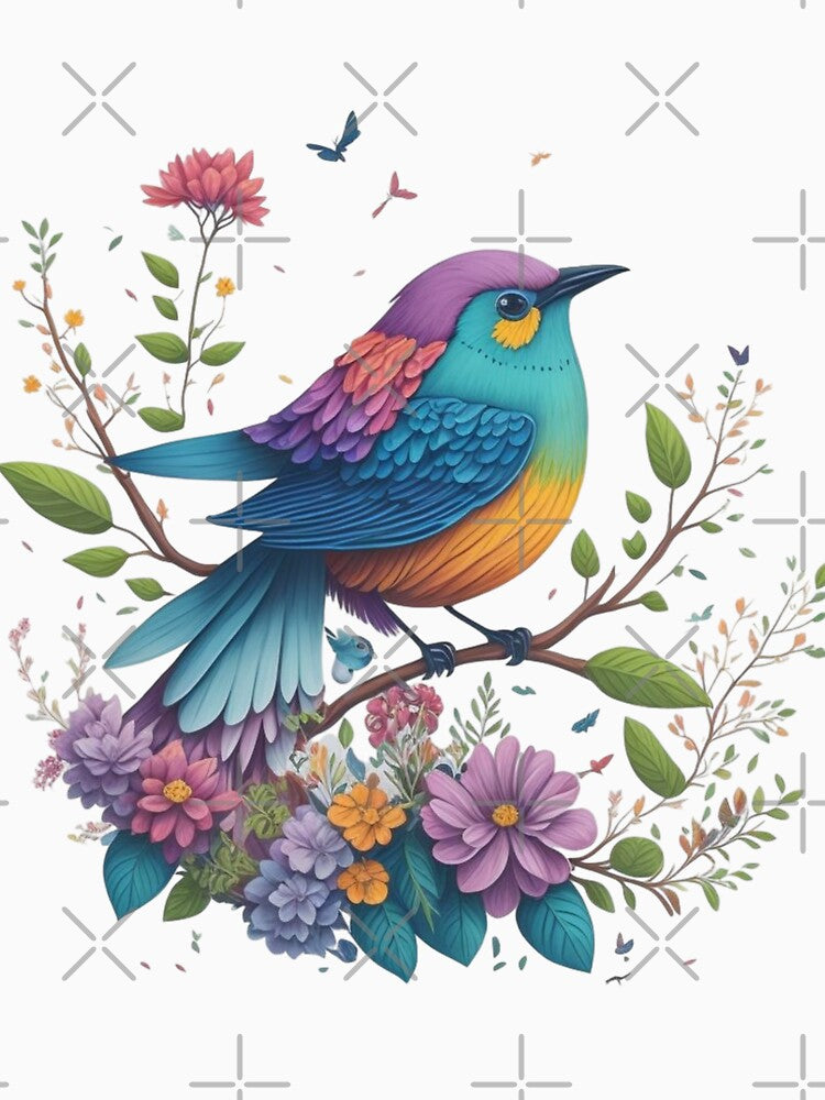 Colorful bird on a flowering branch – Magical watercolor illustration | Floral art, fantasy animal motif, wall decor, printable art by CoolContent Factory
