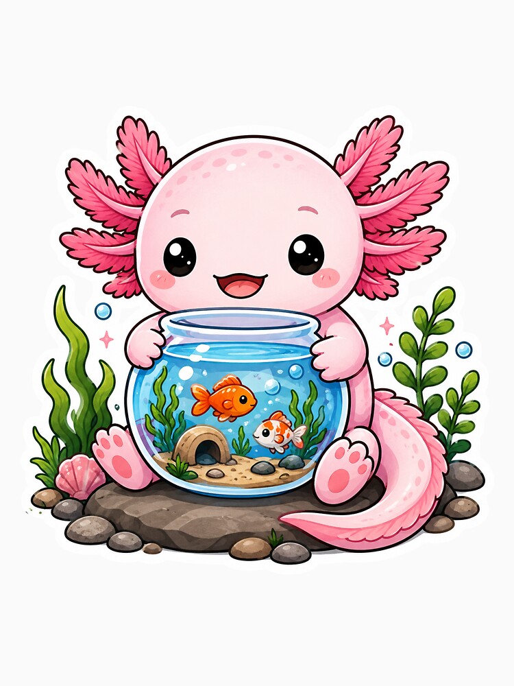 Cute Axolotl Holding a Fish Aquarium Sticker by PawsGiggles