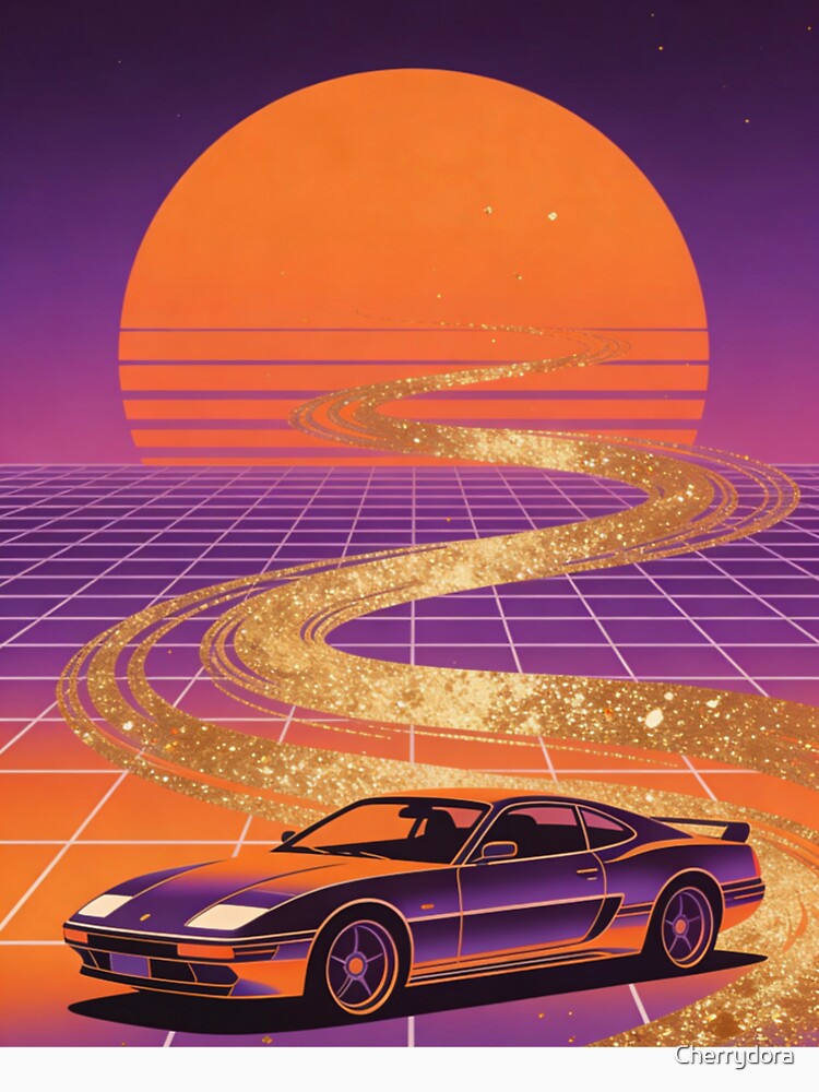 Golden Horizon Driver: Luxury Synthwave Sports Car - 80s Outrun Glitter Road Art by Cherrydora