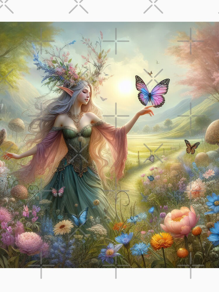 female elf with butterfly and flowers happy fantasy easter landscape by Expressions-Sel