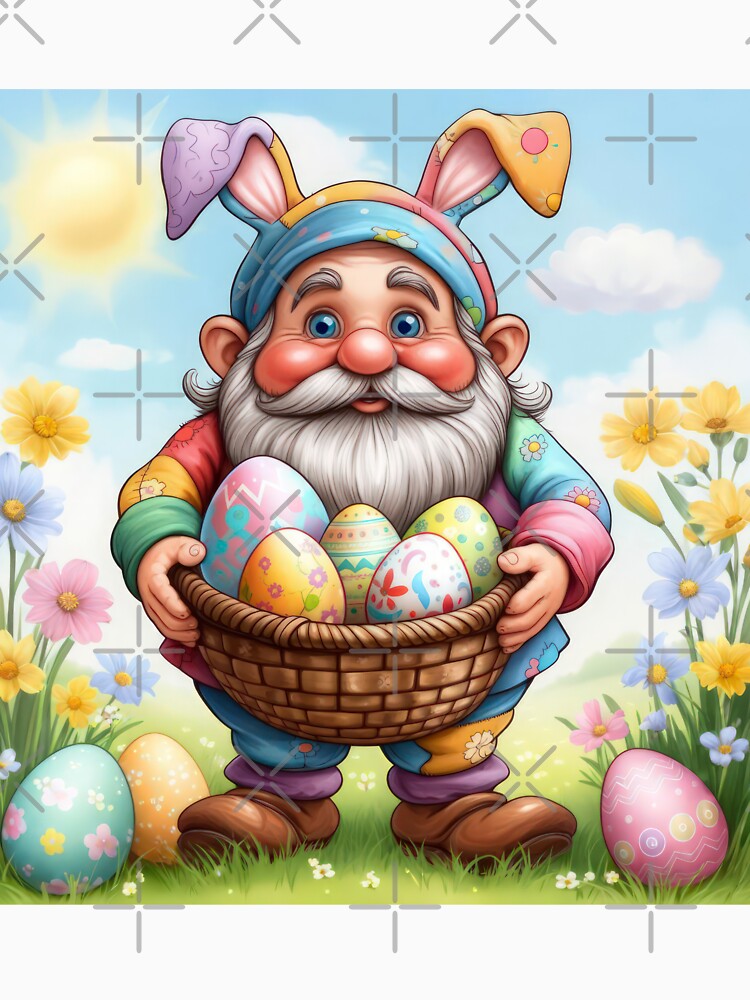 funny easter dwarf with basket of colorful eggs in a meadow,Happy Easter,Easter Humor,Easter Day,funny easter design by Expressions-Sel