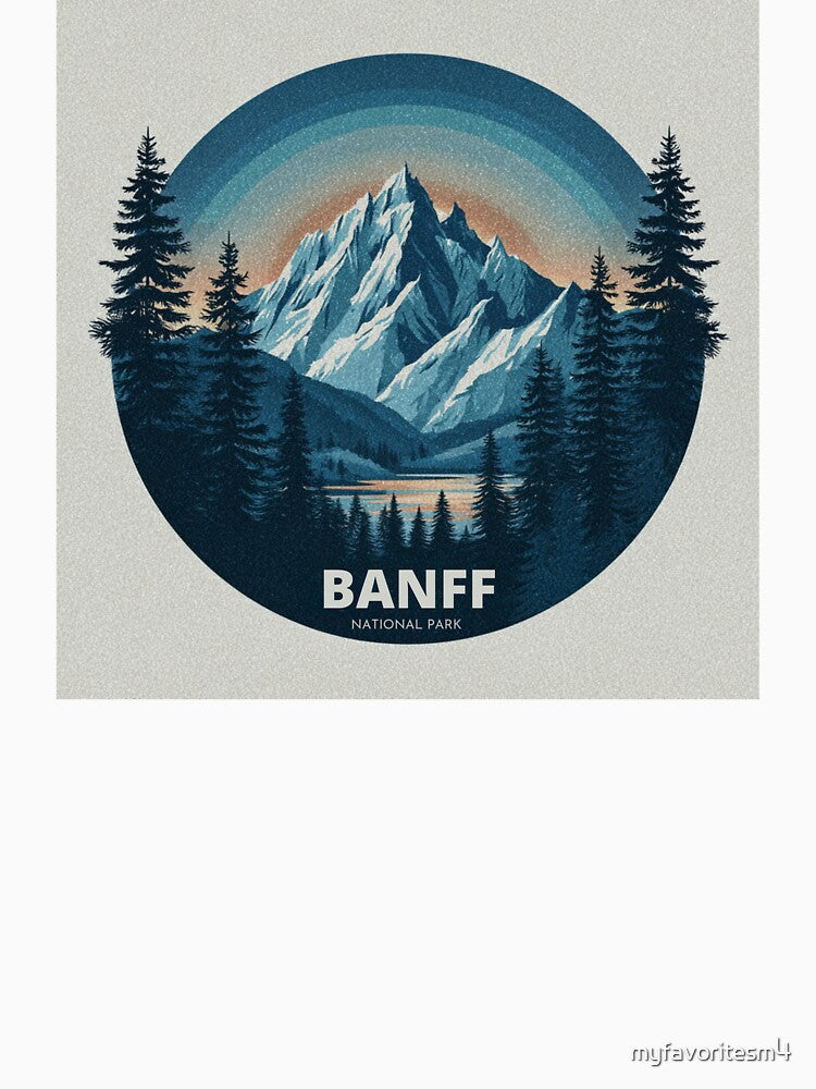 Banff National Park Mountain Lake Art Print with Snow-Capped Peaks and Pine Forest Reflections by myfavoritesm4
