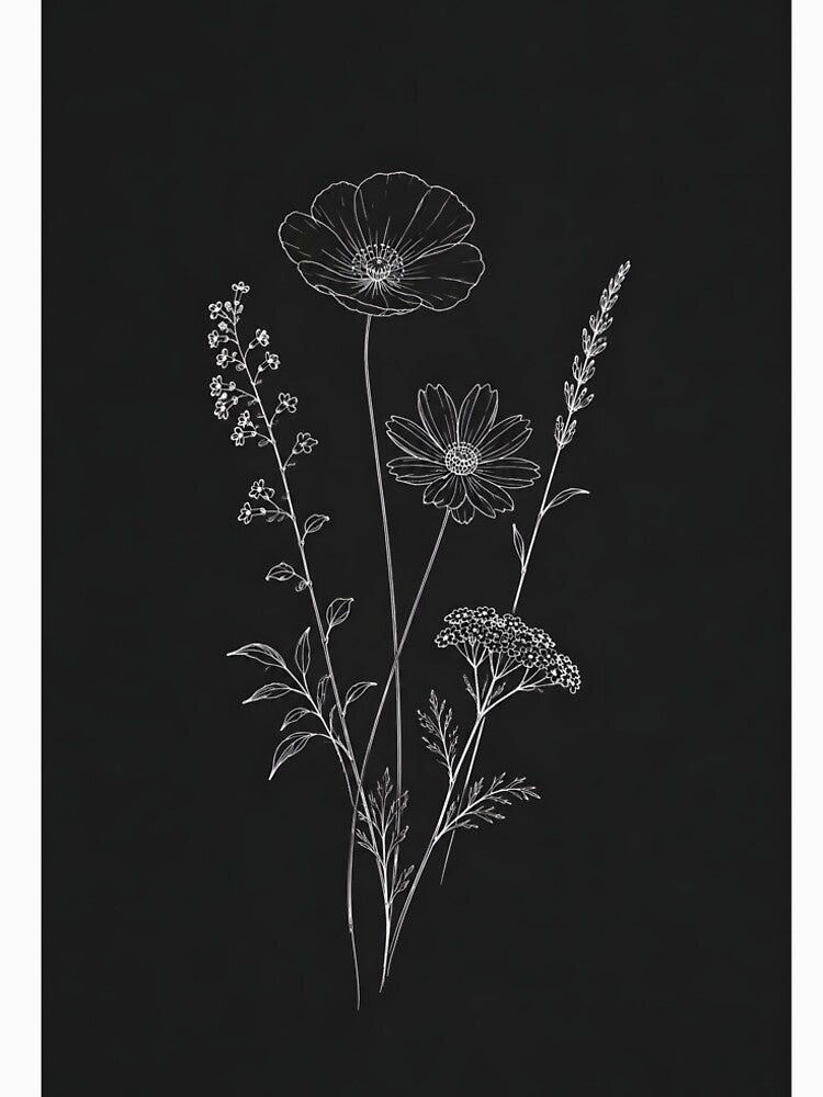 Elegant White Wildflower Line Drawing on Black Background by ChubbyGoong