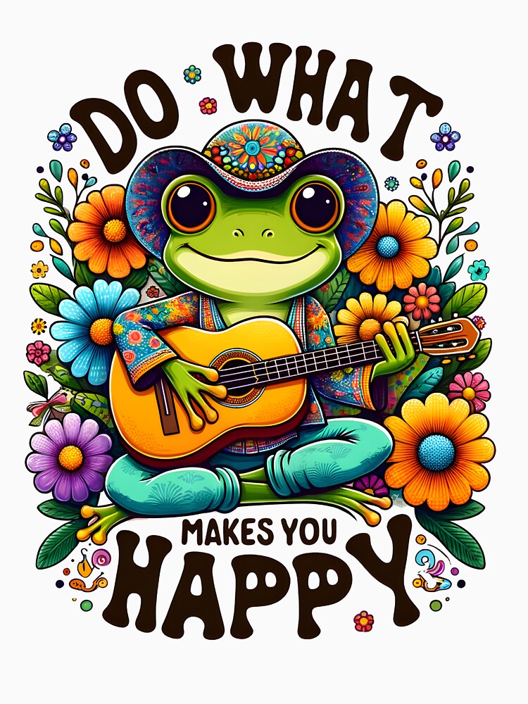 Do What Makes You Happy Frog | Retro Hippie Guitar Animal T-shirt & Sticker by ZYNORA by ZYNORAworld