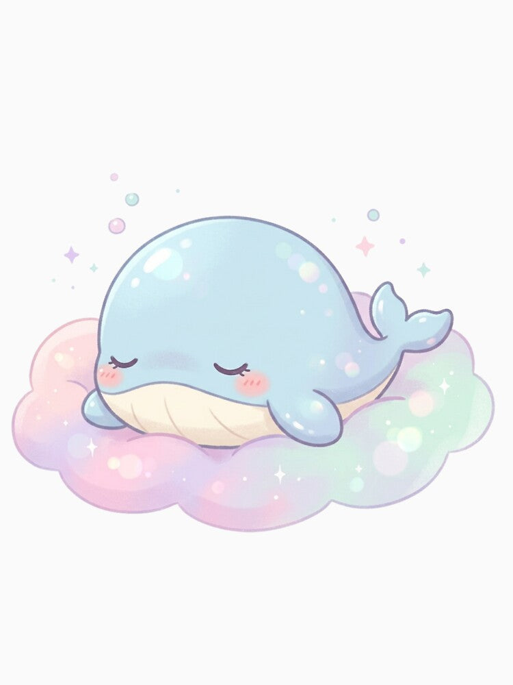 Sleepy Kawaii Whale on Pastel Cloud – Cute Dreamy Aesthetic Cartoon by soletstudio