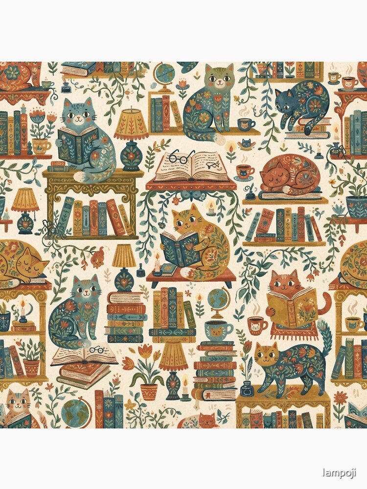 Cozy Reading Cats Library Pattern by Iampoji