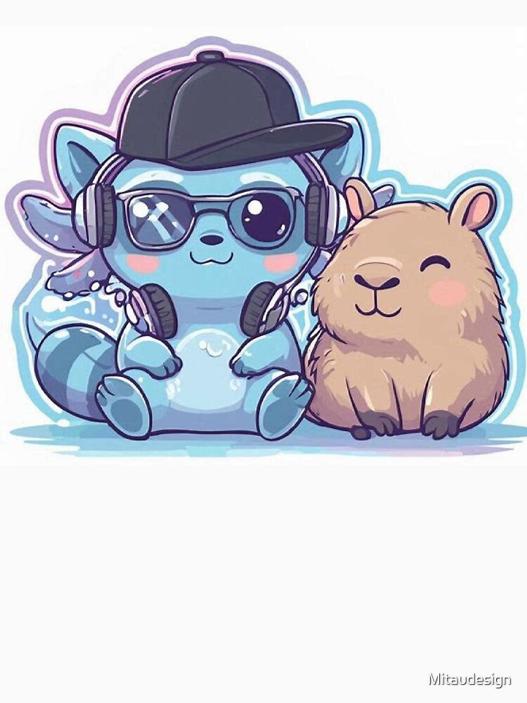 Kawaii Axolotl Raccoon with Capybara – Cute Hip Hop Cartoon Design by Mitaudesign