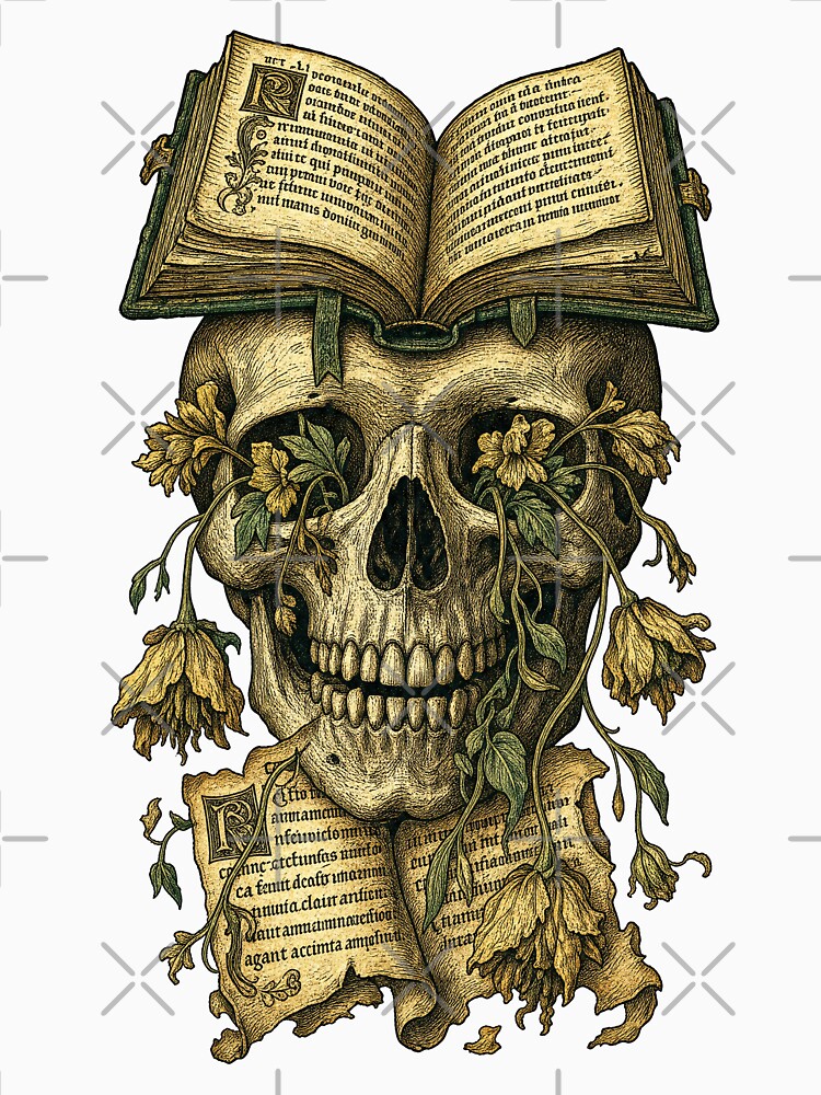 Memento Mori Reader , Dark Academia Skull Illuminated Manuscript Art Print by NullSpacePrints