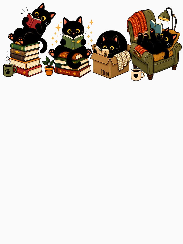 Black Cats Reading Books Cozy Bookworm Illustration Design by VGAfanatic