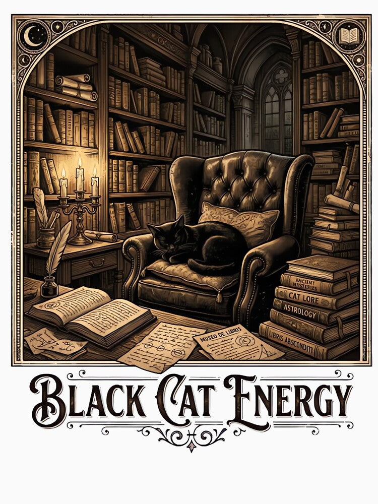 Black Cat Energy Cozy Dark Academia Cat Library T-Shirt by urbinet
