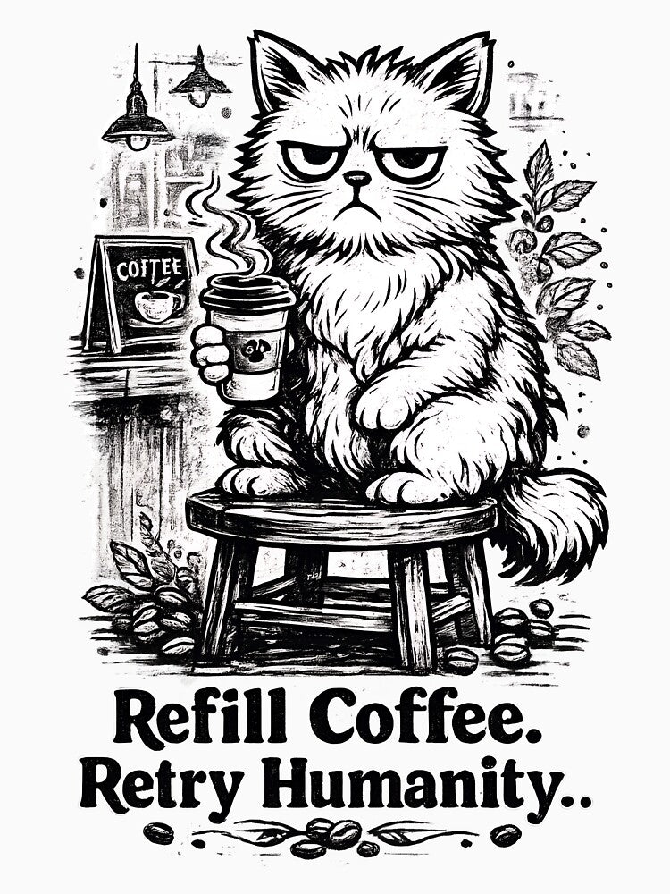 Refill Coffee Retry Humanity Funny Cat T-Shirt | Moody Coffee Lover Vintage Quote Design by Rx Graphic Studio