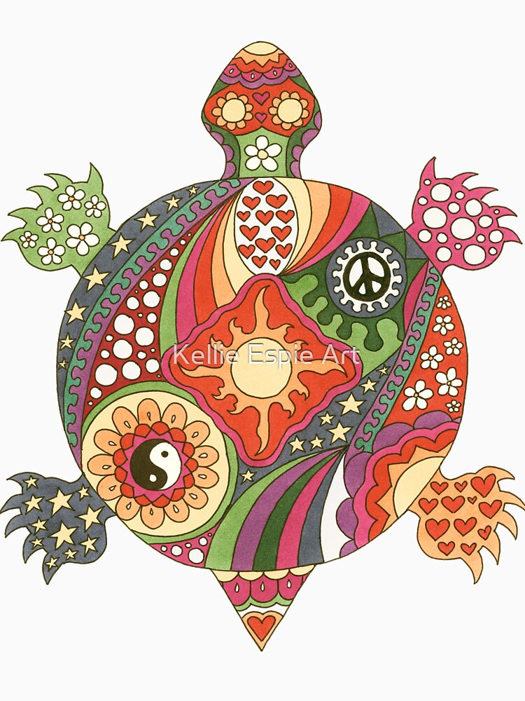 Vintage Psychedelic Turtle Art Olive– Retro Hippie Rainbow Groovy Peace Design by Kellie Espie Art