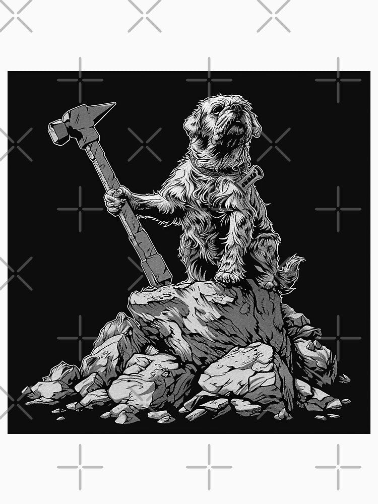 Brave Shaggy Dog with Hammer Black and White Fantasy Art by inkoutninja