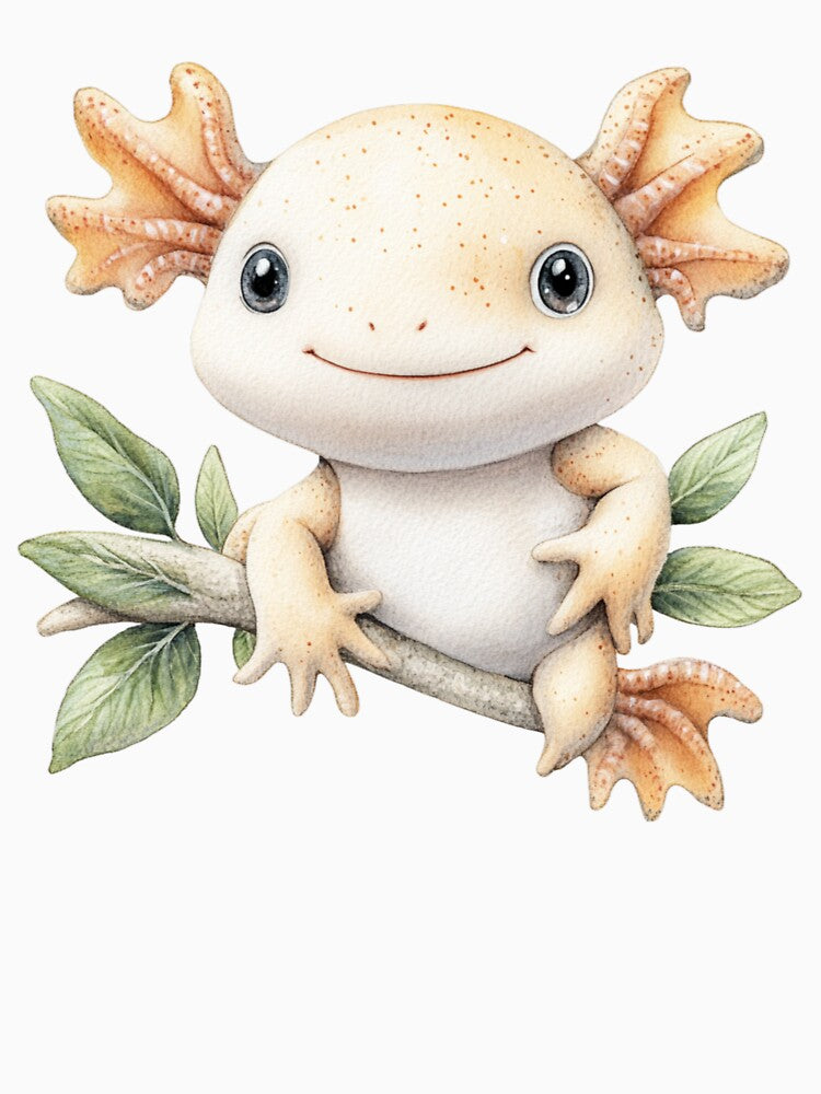 Cute Watercolor Axolotl on Branch - Kawaii Animal Aesthetic by VineVibe16Studio