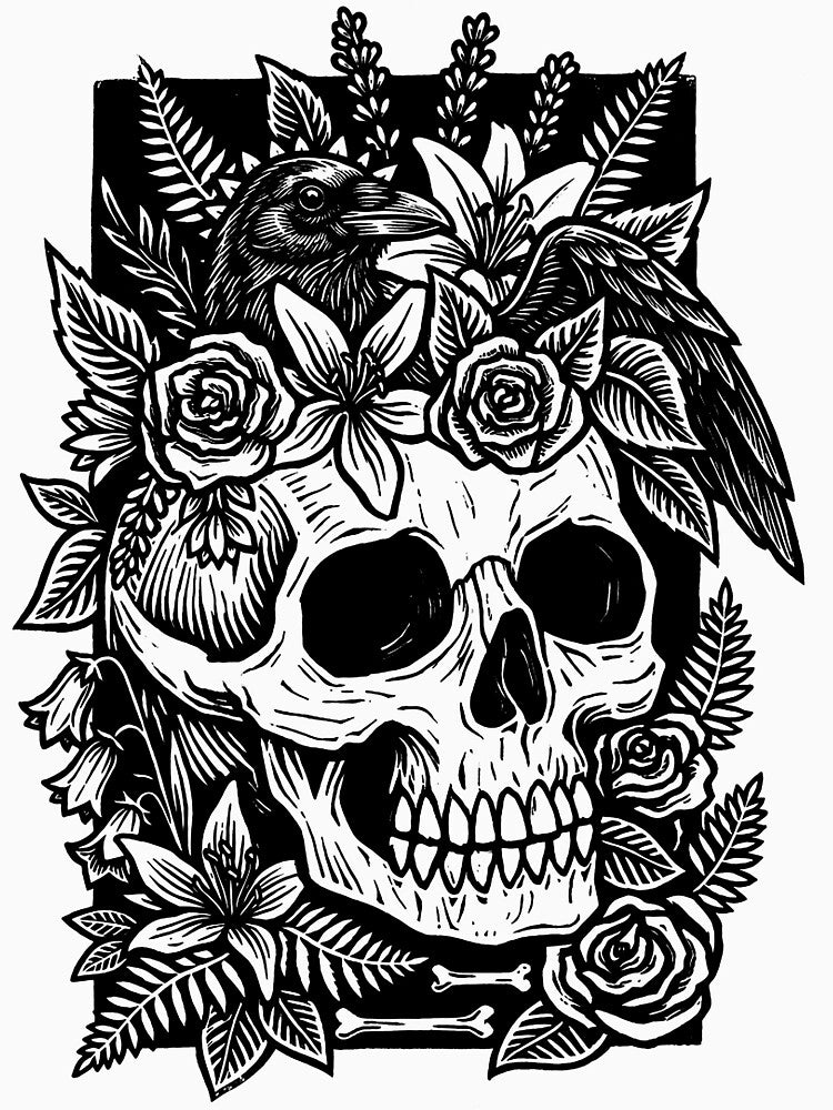 Gothic Floral Skull and Raven Linocut Art-Black by Alan Javier Cordoba Espinosa