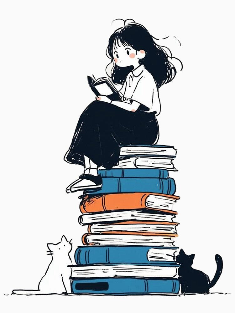 Cozy Girl Reading on a Stack of Books with Cats by ArtByRahim