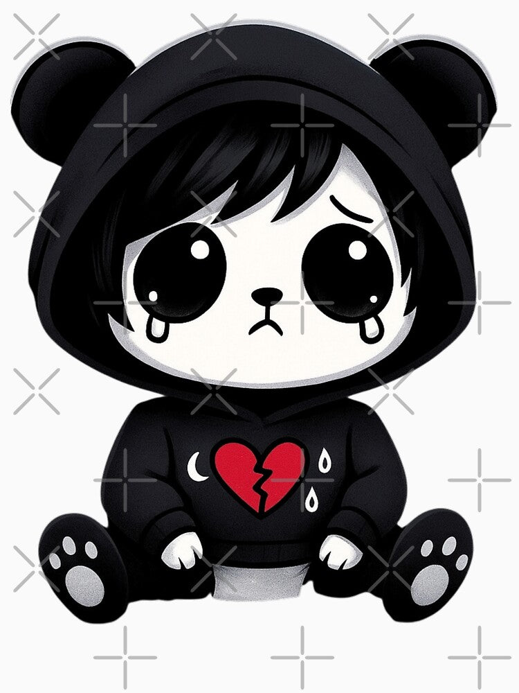 Sad Panda Girl in Broken Heart Hoodie | Cute Emo Kawaii Design by Mewra