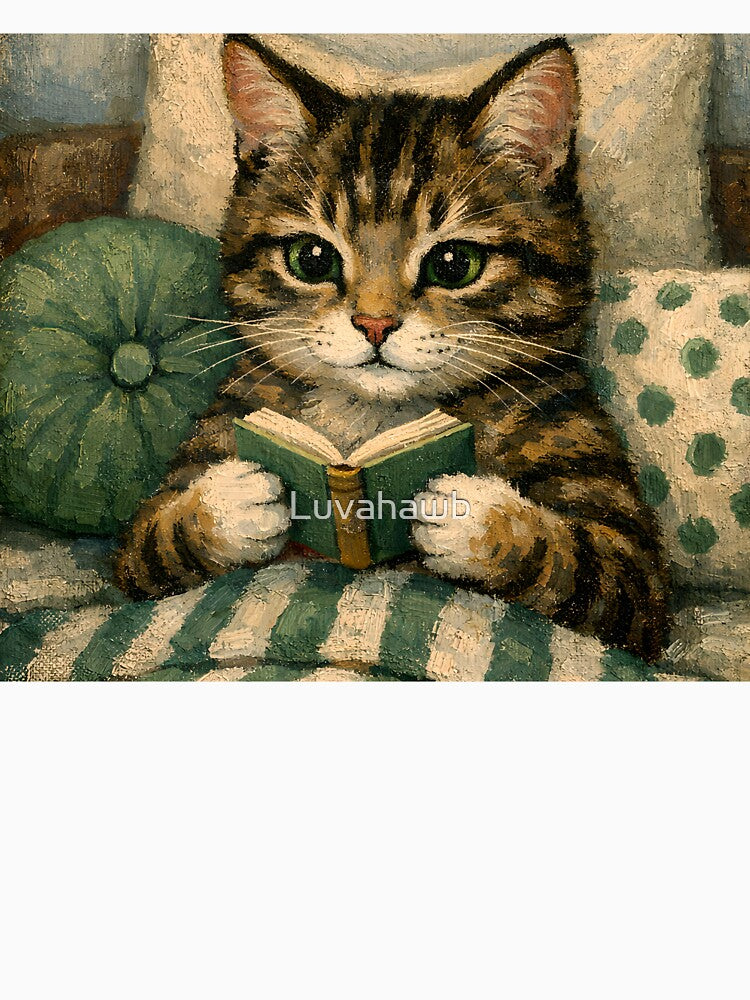 Cute Cat Reading Book – Cozy Vintage Storybook Illustration by Luvahawb