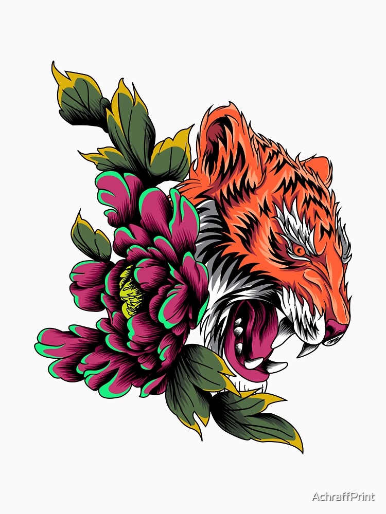 Fierce Tiger Head With Roses by AchraffPrint