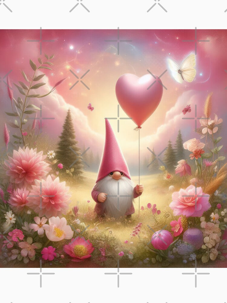 Valentines Day dwarf with a pink hat holding a heart balloon fantasy landscape,valentine art,valentine design by Expressions-Sel