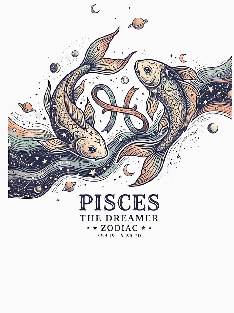 Pisces Zodiac Twins Fish Celestial Dreamy Astrology Illustration by urbinet