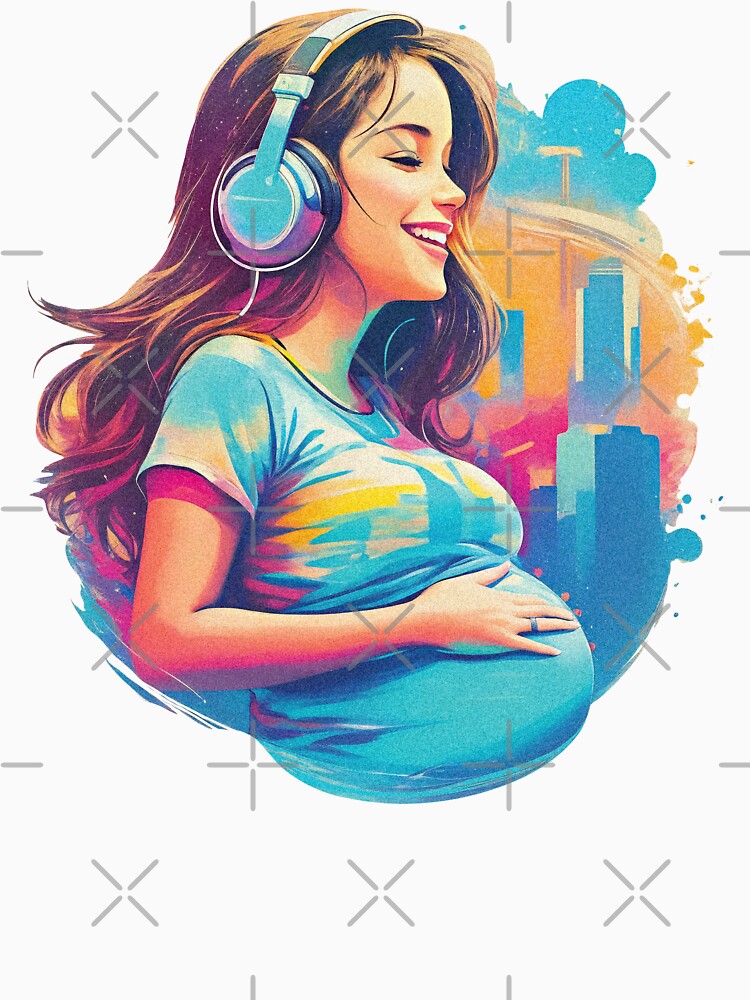 Cute Pregnant Girl Listening To Music Retro Inspired Soon To Be Mom Groovy Design by TriniTeeClub