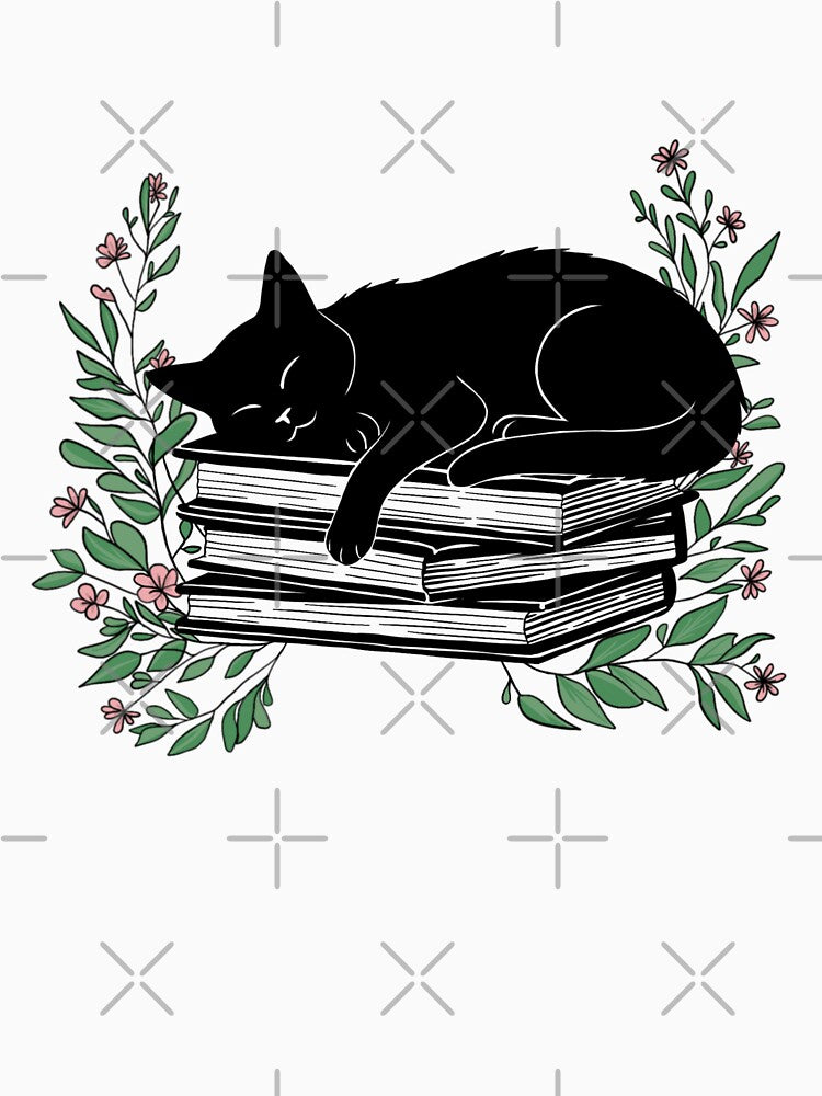 Cute Sleeping Cat on Books with Flowers | Cozy Book Lover Cat Art by WildLakePatterns