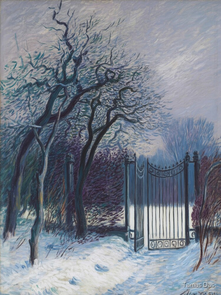 Dark Academia Winter Landscape Wall Art | Monet Inspired Moody Snow Impressionist Painting by Tamas Das