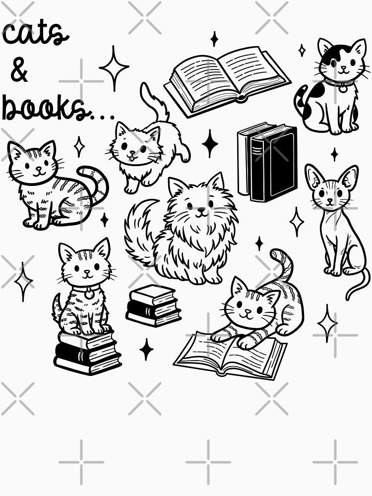 Cute Cats and Books Doodle Illustration for Book Lovers by WildLakePatterns
